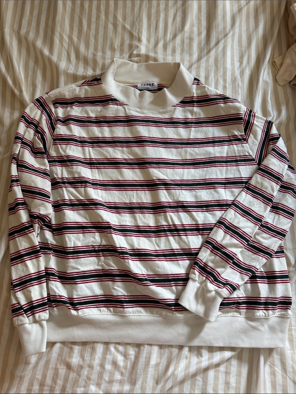 Parke Striped Crewneck Sweatshirt in White with green & Red Stripes